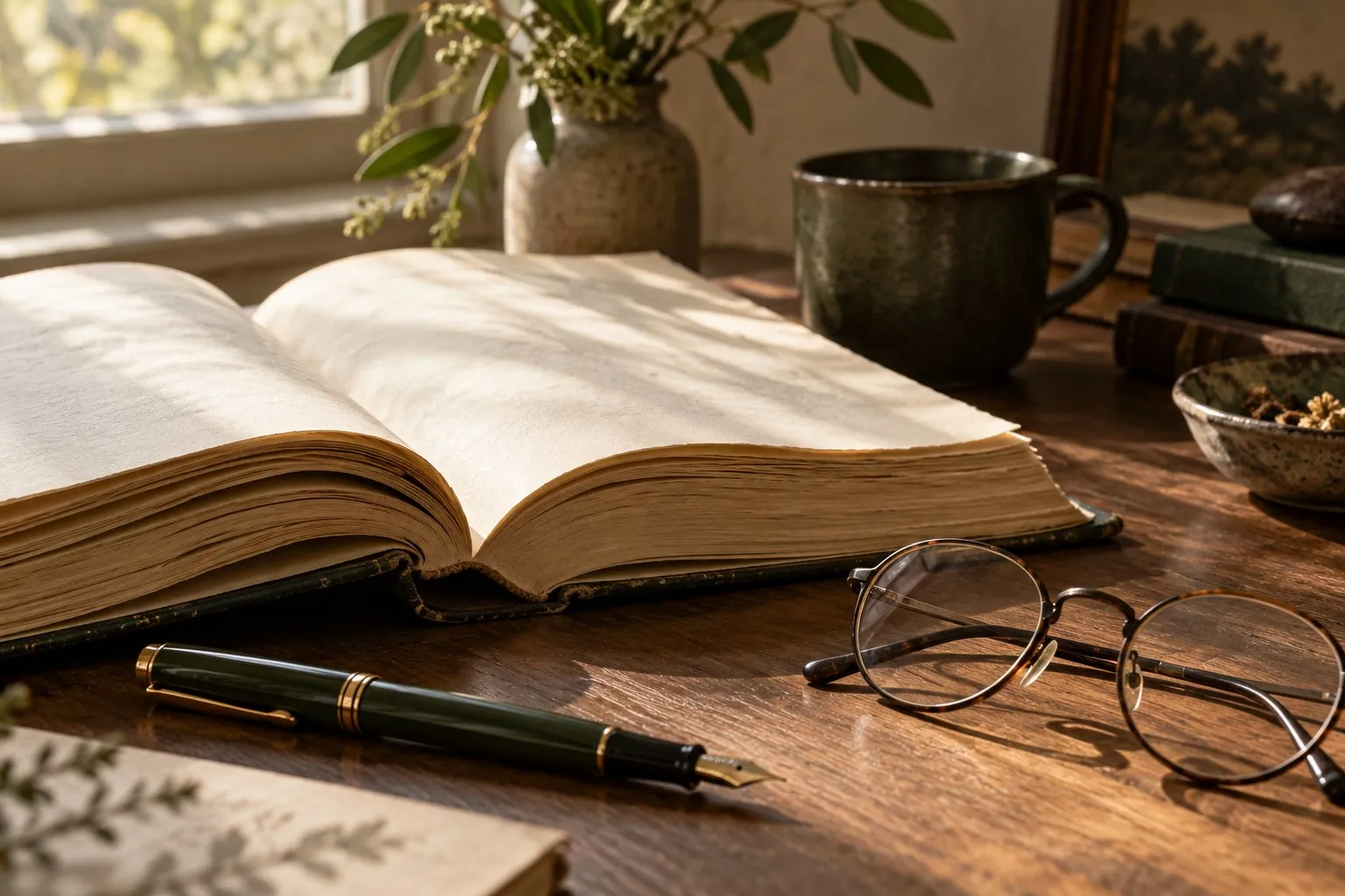 Open book, reading glasses, and fountain pen on a wooden desk